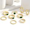 Retro Imitation Emerald Love Ring, Creative Peach Heart with Diamond Hollow Chain Ring Nine-piece Set for Women