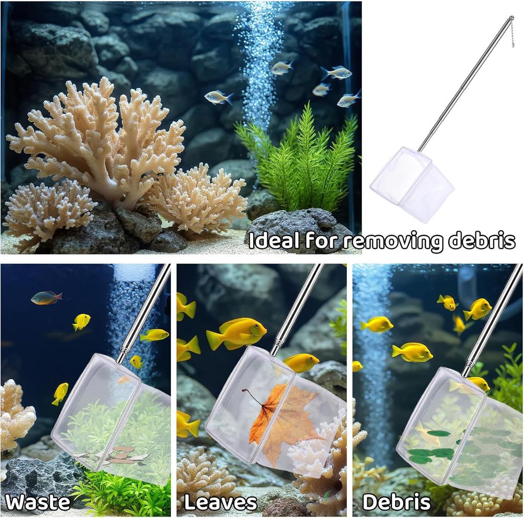 Aquarium Square Fishing Net with Suction Cup Extendable Long Handle Fishing Gear for Catching Fish Shrimp Tank Clean Supplies
