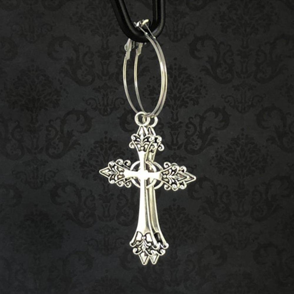 Gothic Hip-hop Silver Color Large Cross Arrow Pendant Dangle Earrings for Women Hallowmas Party Punk Hoop Earrings Jewelry Gifts