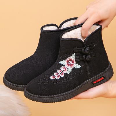Botas de neve bordadas quentes de inverno femininas, botinhas plataforma antiderrapantes e felpudas com forro de pele sintética, botas curtas confortáveis para caminhada para mulheres