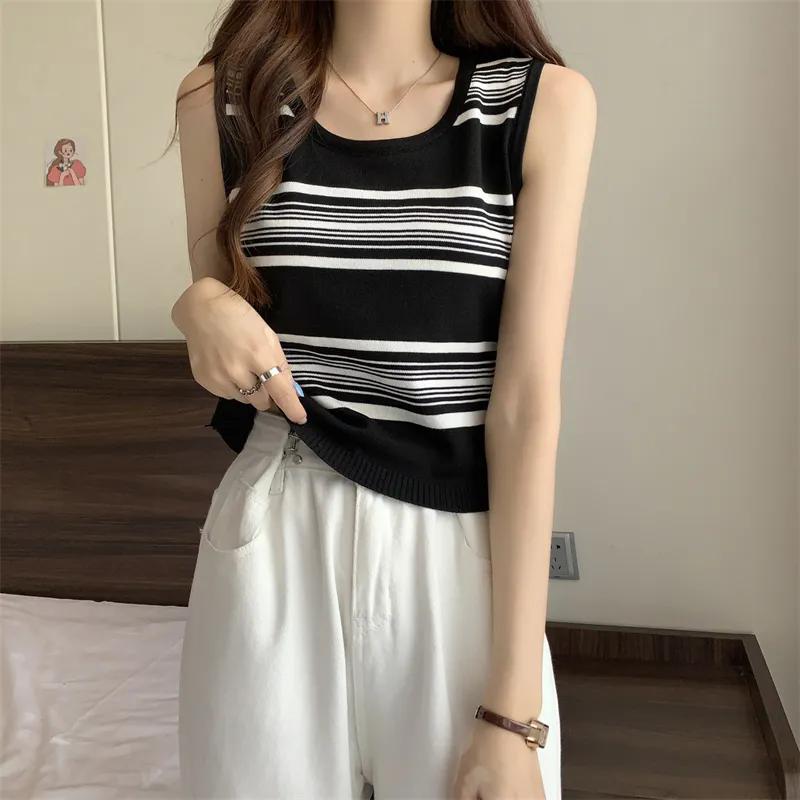 WTEMPO Girl's Retro Large Size Striped Casual Versatile Camisole Vests Women's Spring Summer Sleeveless Knitted Bottoming Tank Tops