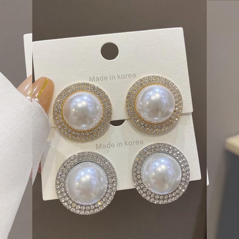 S Silver Needle European and American Retro Pearl Earrings Women's Full Diamond Round Stud Earrings Cold Wind Ear Jewelry