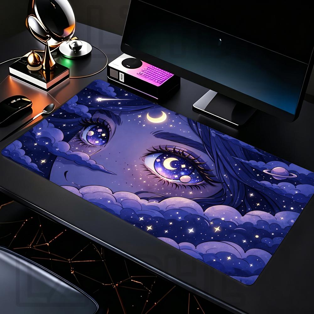 Dreamy Celestial Starry Anime Girl Mouse Pad Purple Night Moon Cloud Large Desk Mat Gaming Non-Slip Rubber Keyboard Decor Mat