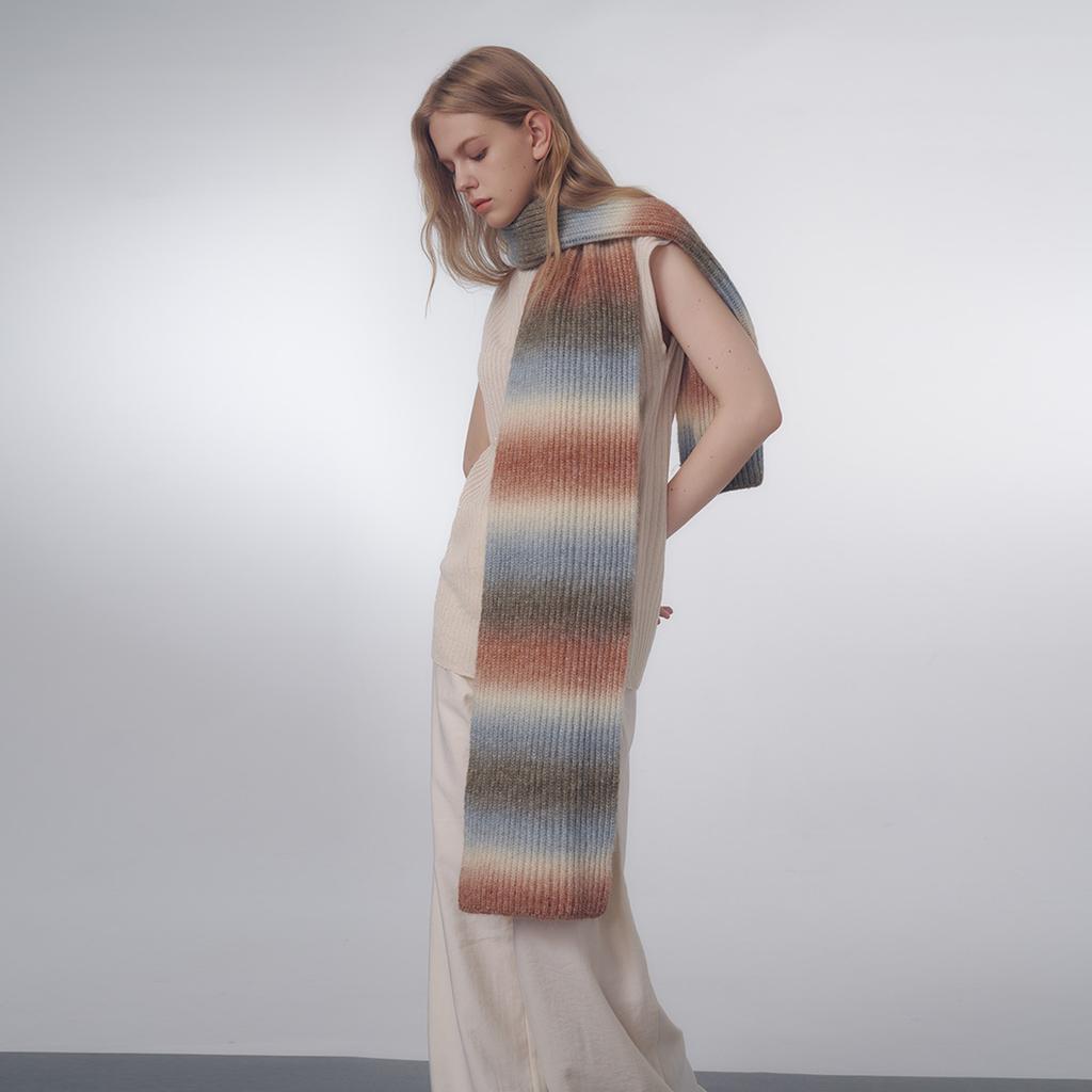 Niche Wool Blended Gradient Knitted Wool Scarf Unisex Winter Warm Striped Shawl Scarf