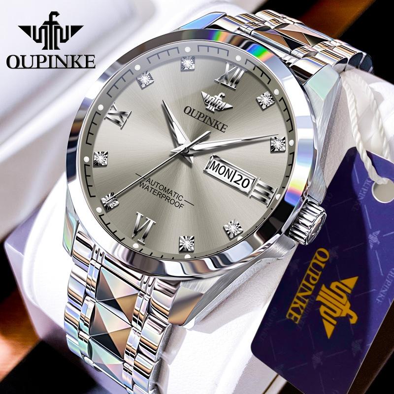 OUPINKE Brand Watches, Fully Automatic Mechanical Watches, Stainless Steel Business Double Calendar Men's Watches