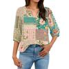 Women’s Cotton Linen Blouse with Patchwork Floral Print Henley Neck Button Front and Three Quarter Sleeves Casual Shirt
