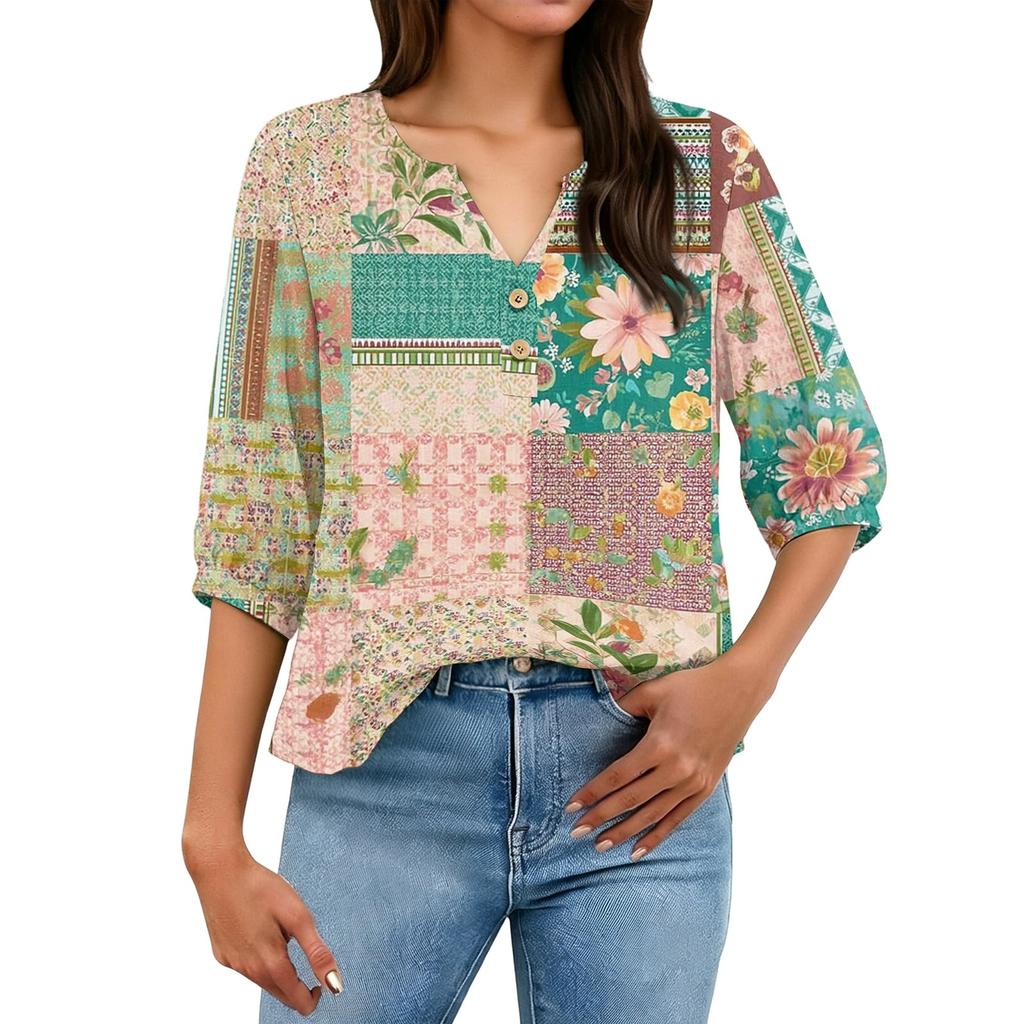 Women’s Cotton Linen Blouse with Patchwork Floral Print Henley Neck Button Front and Three Quarter Sleeves Casual Shirt