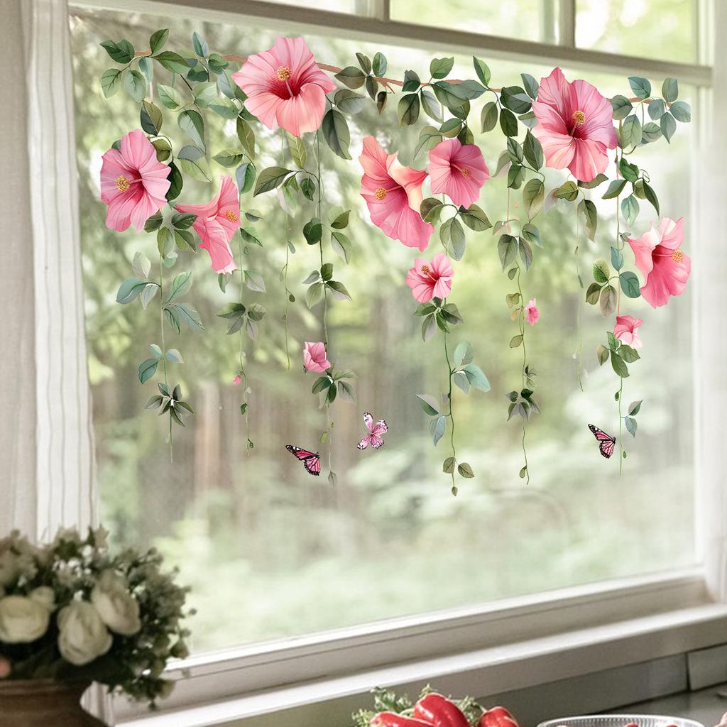 Fresh Pink Flower Branch Vine Window Glass Sticker Home Decor Wall Decal for Living Room Bedroom Self-Adhesive