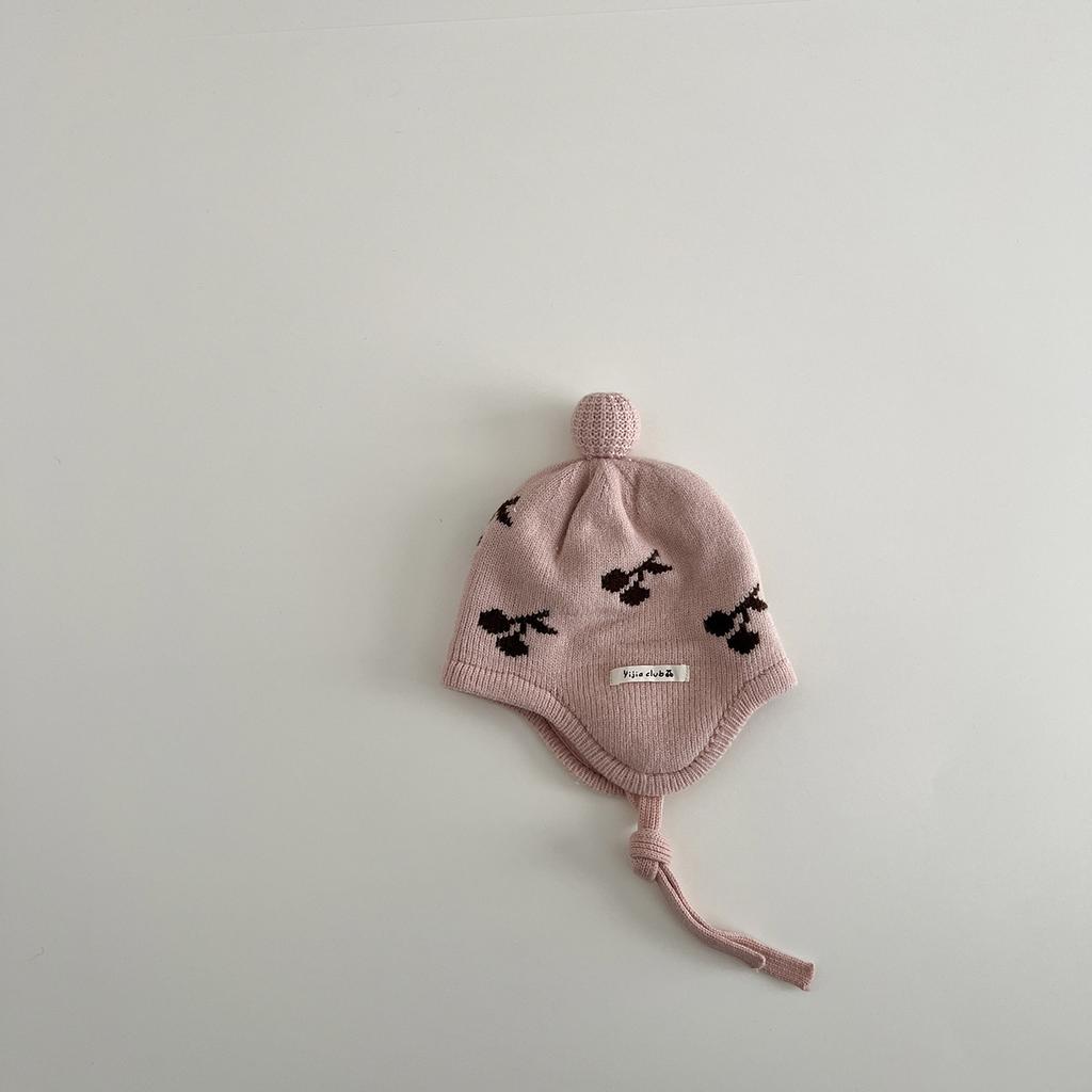 Baby Knitted Hat Winter Warm Knitted Beanie with Cherry Pattern Ear Flap Cap for Infant Boys Girls Newborn Photography Props