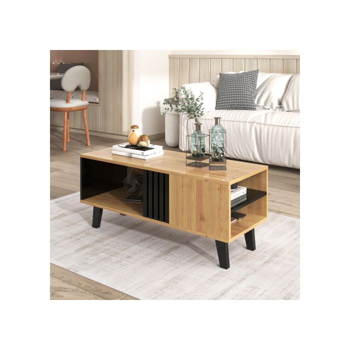 Elégante : 100 x 60 x 45 cm table basse en bois coloré et noir, table basse avec tiroir supplémentaire