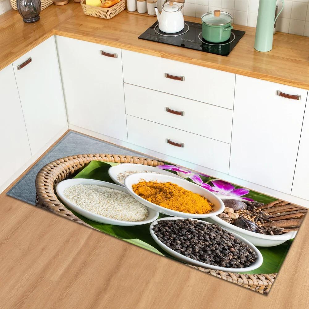 Tappetini per Pavimento Cucina di Casa con Motivo di Ingredienti e Spezie Decorazione Ingresso Tappetini per Pavimento
