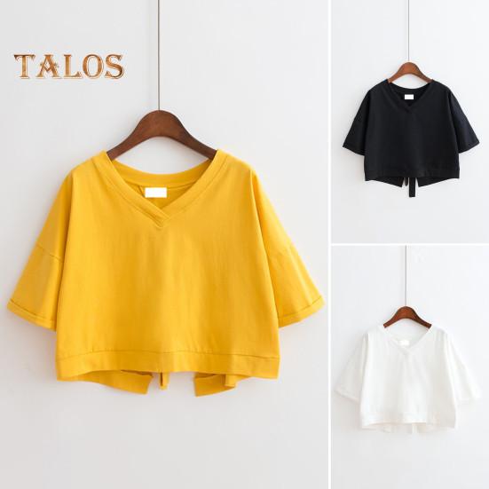 Letnia krótka koszulka z dekoltem w kształcie litery V z krótkim rękawem z wycięciem na plecach sznurowana koszulka jednokolorowa luźny krój pulowerowe topy Streetwear