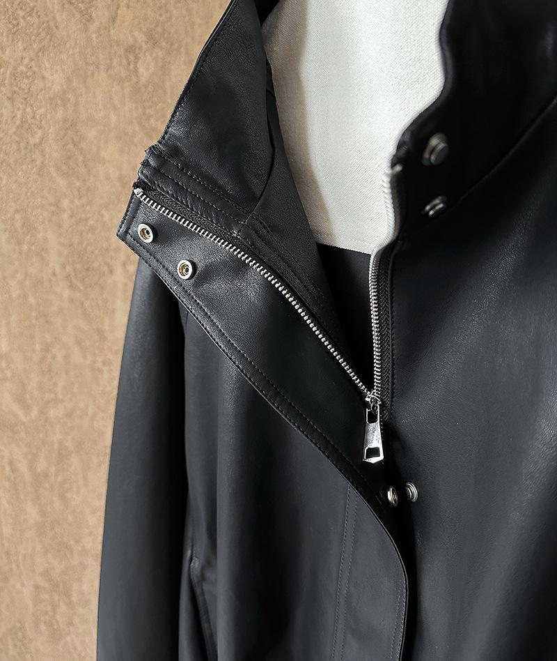 Orange Zhi Early Autumn Stand-Up Collar Leather Motorcycle Jacket 39116