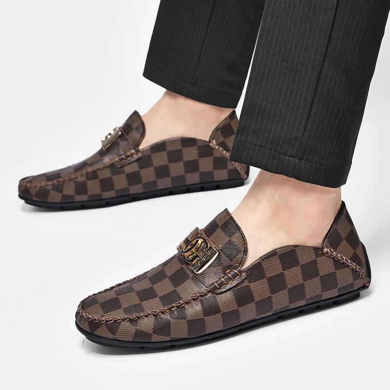 0022 Men'S Shoes Loafer Leather Shoes One-Pedal Flat-Soled Casual Doudou Shoes Spring Low-Top Foot Plaid Cowhide Surface Single Shoes