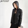 BITCED Plus Size Fleece-Lined Women's Leather Jacket with Hood Autumn/Winter Short Coat Warm Casual Jacket