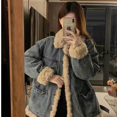 Japanese Retro Lamb Woolen Denim Jacket for Women New Autumn and Winter Style Lamb Wool Winter Thick Cotton Clothing
