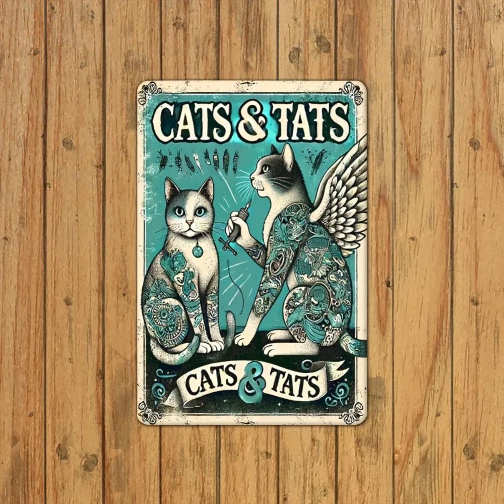 Vintage "Cats & Tattoos" Metal Sign Waterproof Wall Art for Edgy Room Decor