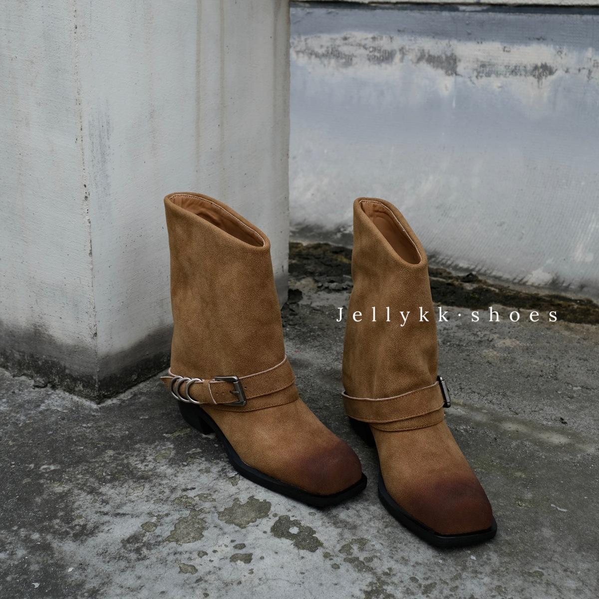 

Cowhide version~ Punk street retro polished Martin boots women s 2025 square head old metal warehouse tube western boots 35