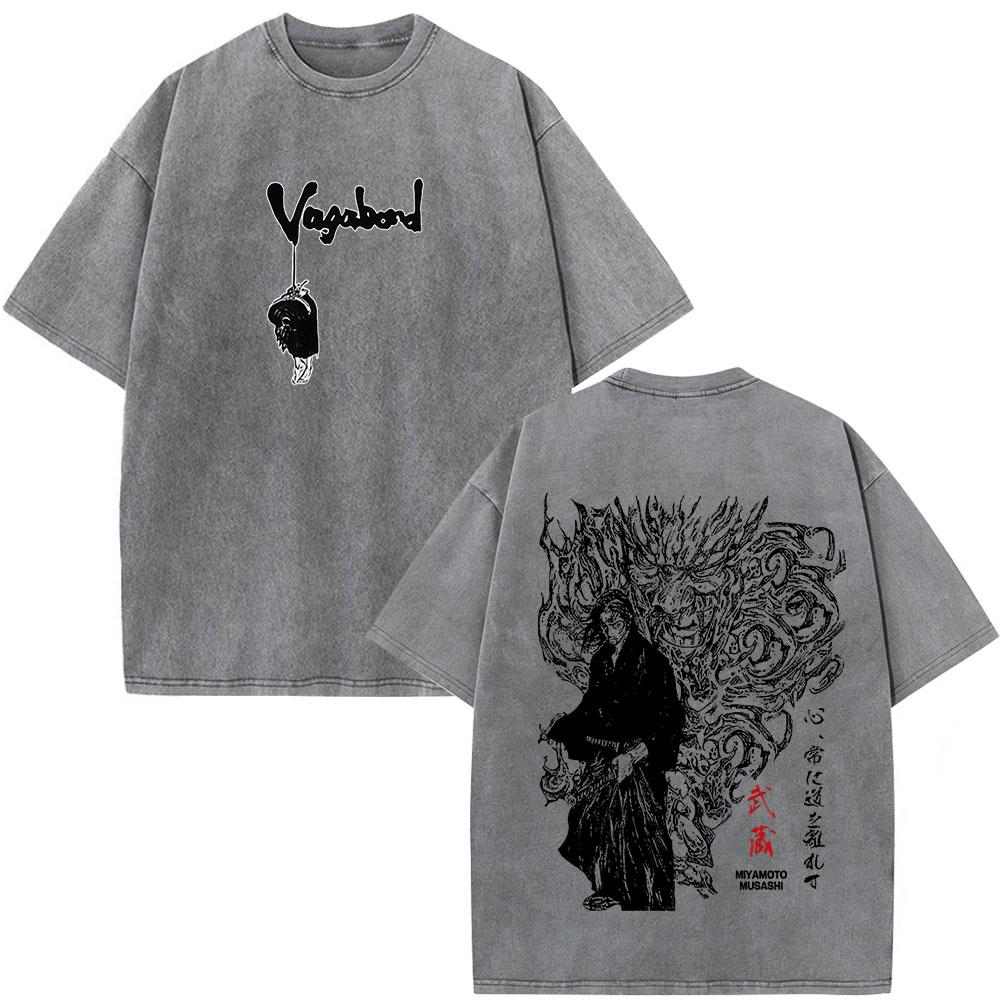 Anime Vagabond Miyamoto Musashi Graphic Washed T Shirt Men Women Vintage Cotton T-shirts Harajuku Short Sleeve Oversized T-shirt S разноцветный