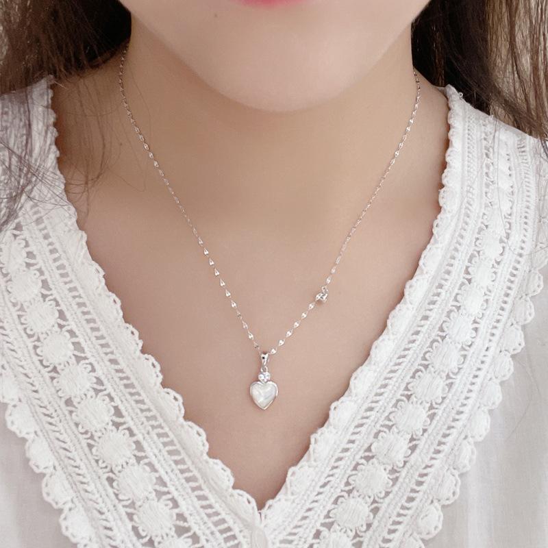 White Mother of Pearl Heart S925 Sterling Silver Necklace - Elegant and Versatile Clavicle Chain with a Niche Luxury Design for Women