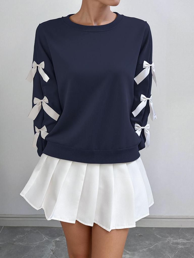 2026 Autumn/Winter Women's Solid Color Bow Long Sleeve Round Neck Hoodie for Christmas