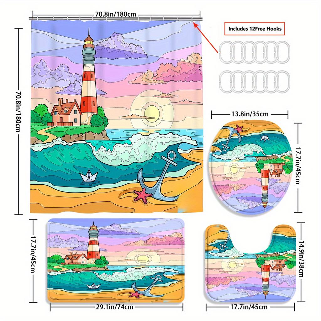 Coastal Lighthouse Bathroom Set With Shower Curtain And Rugs - Machine Washable, Includes 12 Hooks, Toilet Seat Cover, And Bath