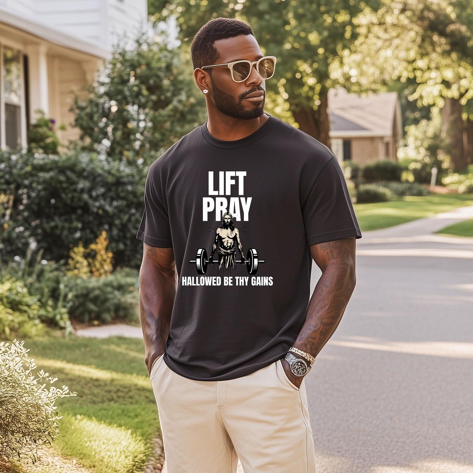Hallowed Be Thy Gains T-Shirt | Weightlifting Gym Faith Humor M