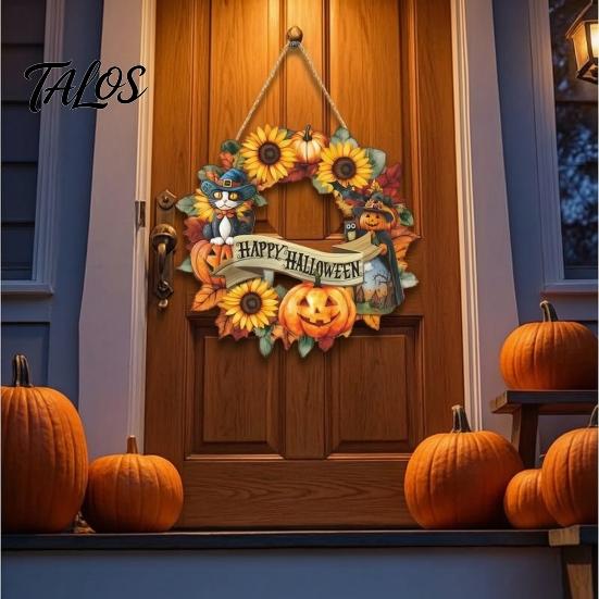 Easy Install Halloween Sign Wooden Hanging Decor Sign, Spooky Black Cat Pumpkin Witch Ghost Ornaments Window Decoration with Jute Rope, Festive