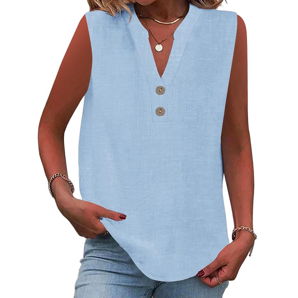 Women's Fashion Loose Standing Collar Button Cotton T-Shirt Solid Color Sleeveless Top