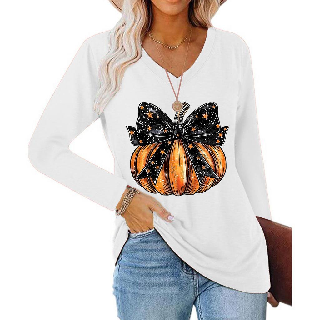 Damen Halloween V-Ausschnitt Kürbisdruck Langarm Oberteil (2025)