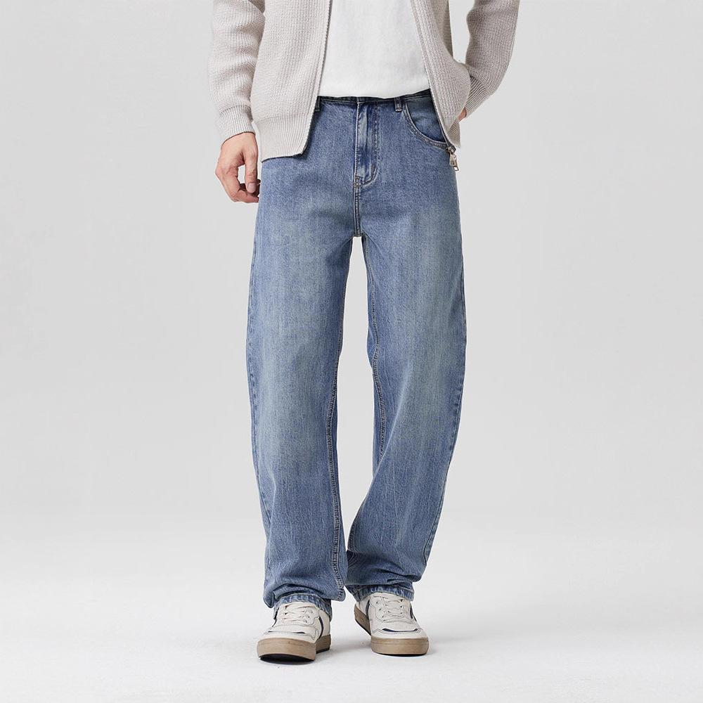 Street style handsome men's elastic denim commuting comfortable loose straight pants wide leg drape trendy jeans