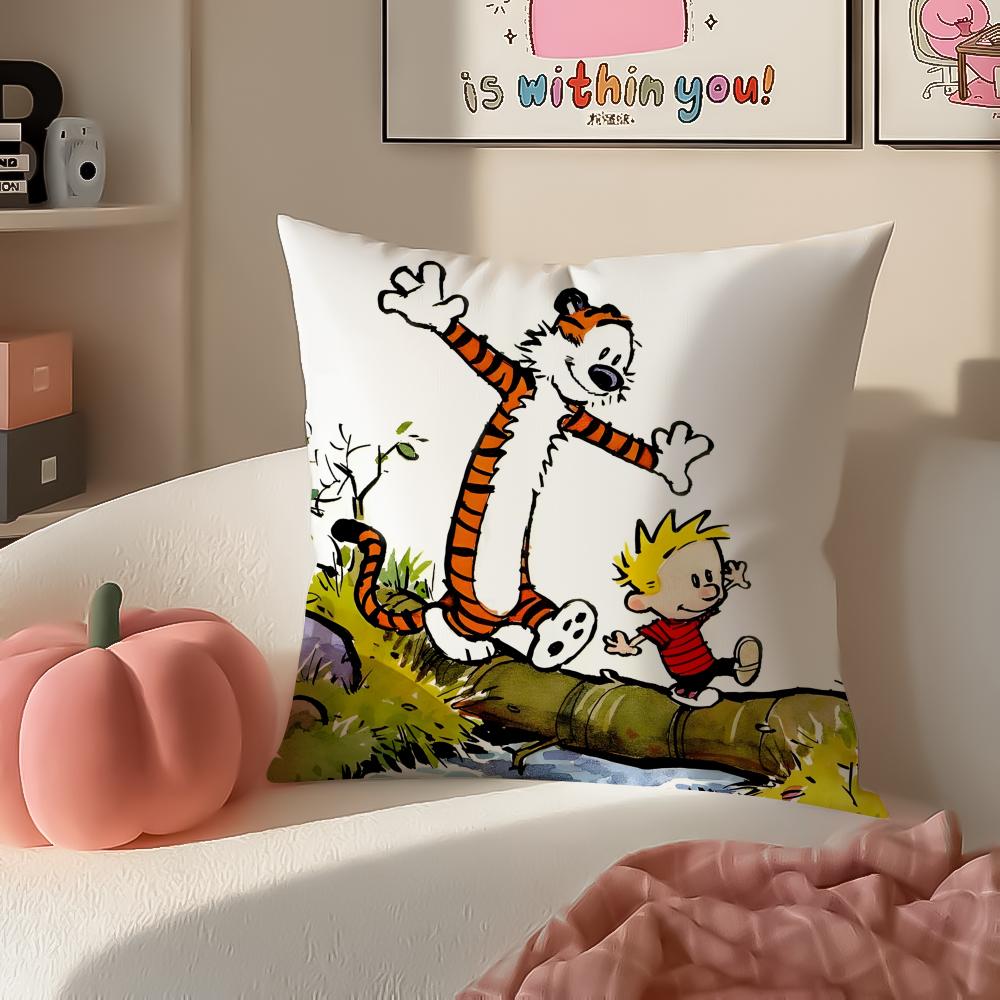 Cartoon CCalvin and HHobbesES Cushion Cover Pillowcase Short Plush Invisible Zipper Room Sofa Cushion Cover