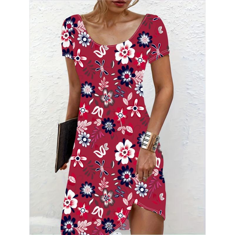 JKASHDK Women's Fashion Summer Spring Flower Pattern Print Short Sleeve O-Neck Casual Dresses