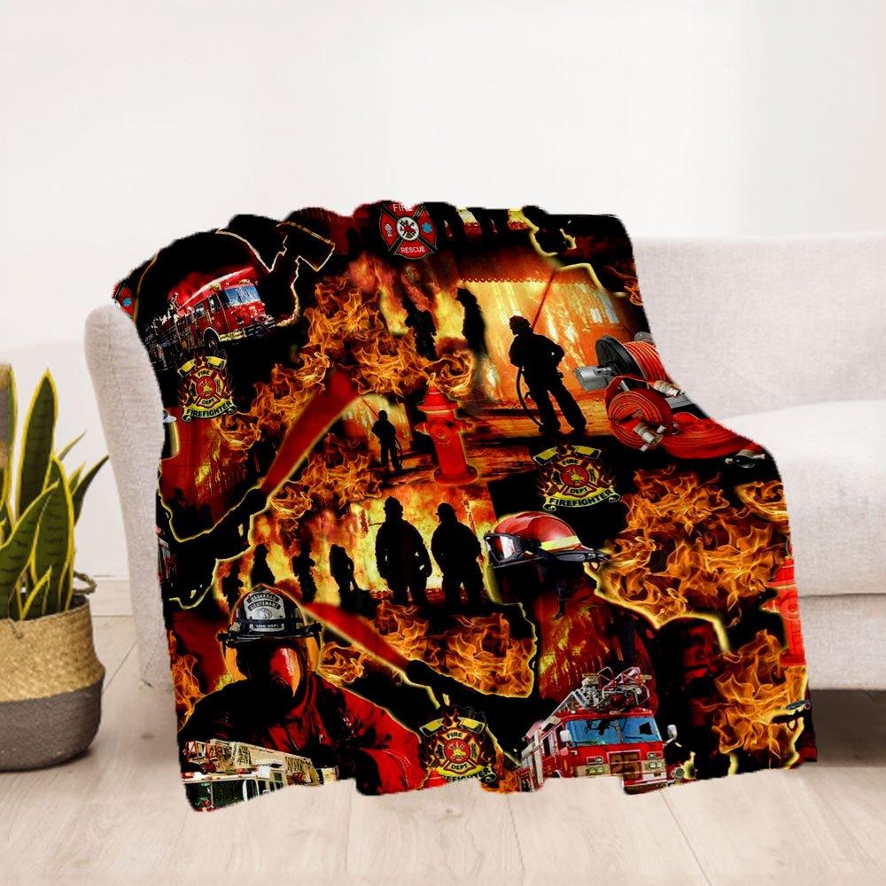 Firefighter Fireman Rescue Truck Helmet Hydrant Badge Print Fabric PanelBlanket Flannel Throw Blanket for Sofa, Bed, Travel, Camping, Office