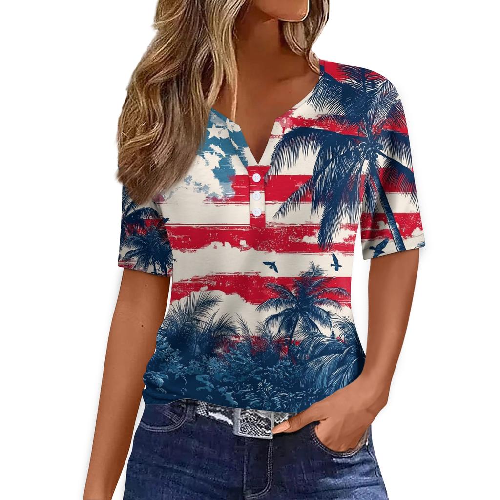 Women's T Shirt Tee Print Button Short Sleeve Daily Weekend Fashion Basic V- Neck Regular Top