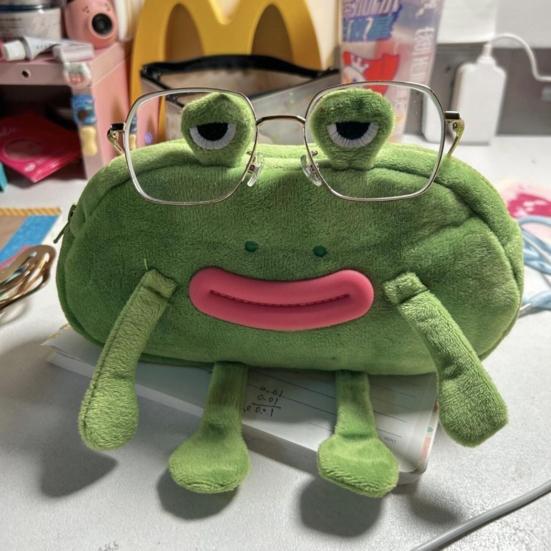 Pencil Bag Frog Wearing Glasses Design Plush Cloth Pencil Pouch Large Zipper Opening Stationery Organizer