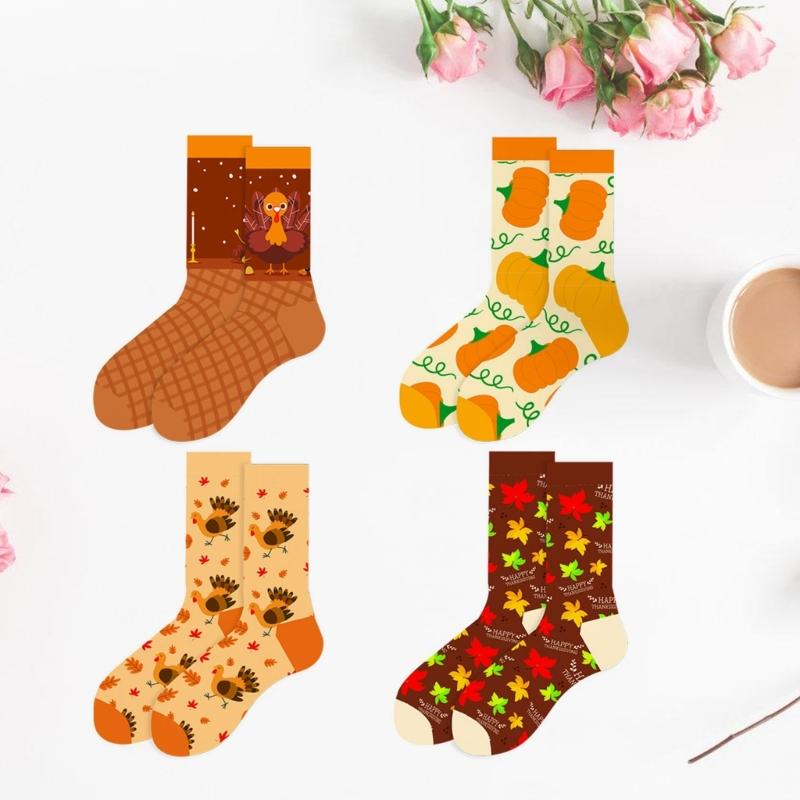 Adults Autumn Socks with Cute Thanksgiving Patterns Maple Leaves Pumpkins Turkey Prints for Parties and Daily Comfort