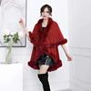 Women Cape Shawl with Fur Collar Soft Warm Wrap Double Layer Knit Cardigan Acrylic Warm Poncho for Fall Winter