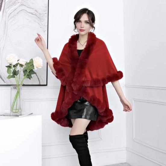 Women Cape Shawl with Fur Collar Soft Warm Wrap Double Layer Knit Cardigan Acrylic Warm Poncho for Fall Winter