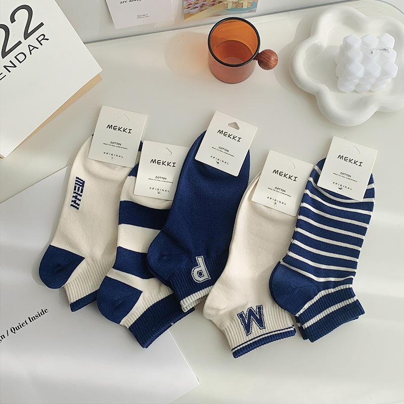 Striped socks for women, low-top ship socks, breathable navy style sports cotton socks, spring and autumn short-sleeved women's socks