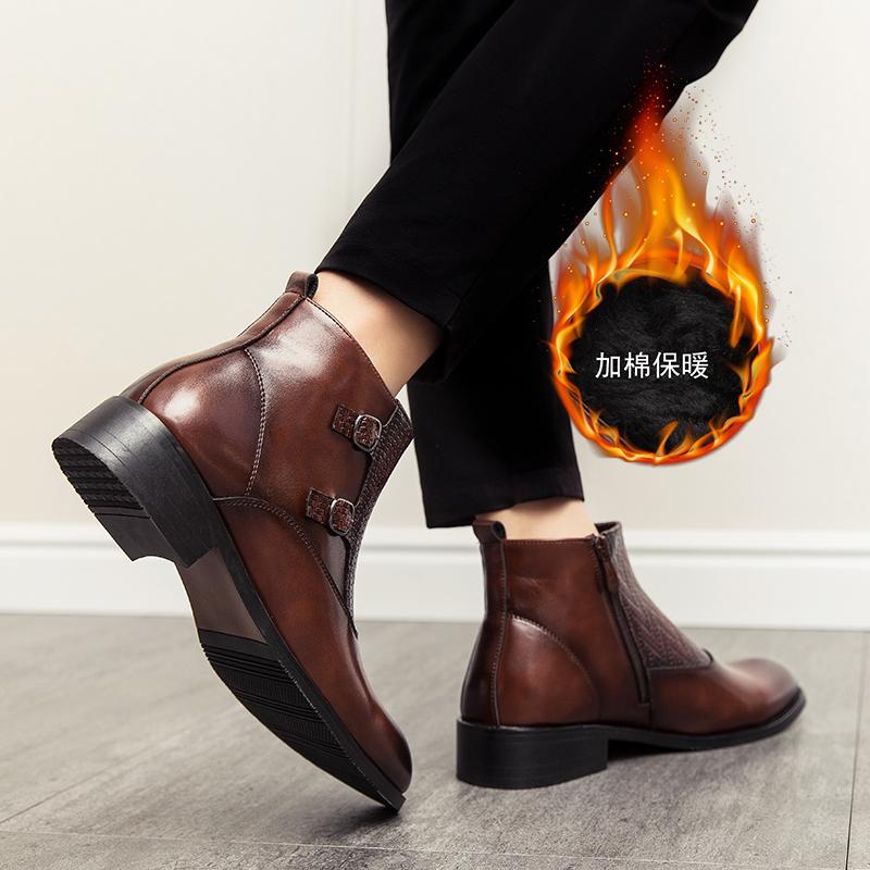Mode Neue Italienischer Stil Luxus Herren Lederstiefel Winter Extra Baumwolle Warm Männliche Chelsea Boots Mode Business Stiefel Stiefeletten Braun