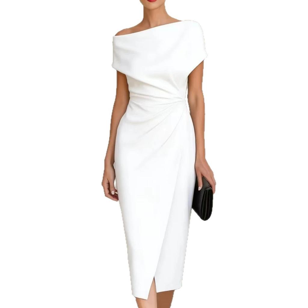 2026 European & American Off-Shoulder Waist-Cinching Pleated Dress, Banquet Commuter Slit, Elegant Evening Gown Dress for Women