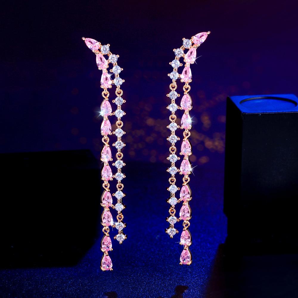 Aiguille Frais Et Doux Vent Féerique Rose Diamant Longues Boucles d'Oreilles à Franges Super Flash Boucles d'Oreilles en Zircon Complet Boucles d'Oreilles