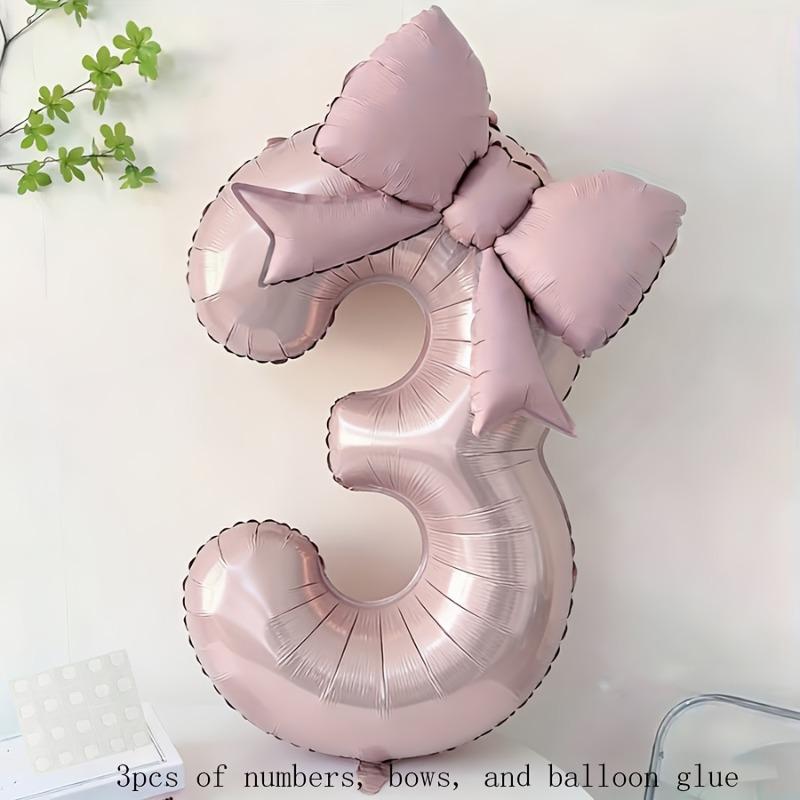 Complete Party Decor Set 3pcs - Light Pink Number Balloon, Bow & Stickers for Birthday, Anniversary & Festival Backdrop