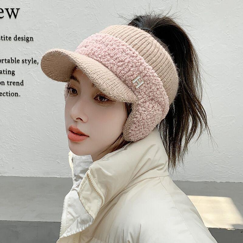 

Empty top wool duck tongue ear protection hat Children s autumn and winter sports knitted ponytail hat Casual versatile empty top cycling hat fashionable and versatile, warm and elastic
