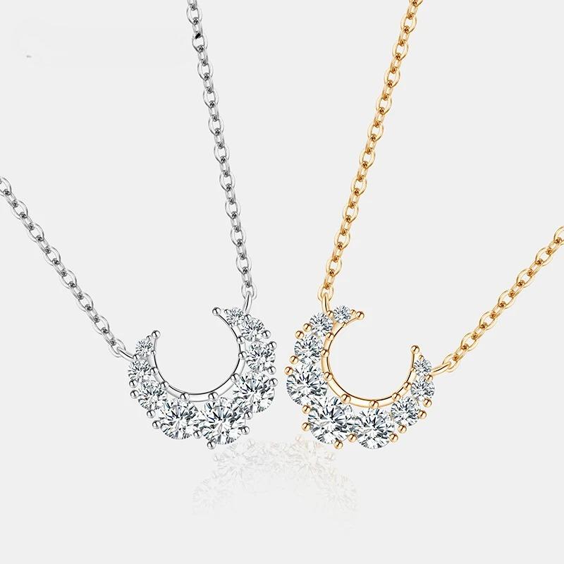 Full Moissanite Necklace for Women Pure Silver Moon Design Laboratory Diamond Pendant Fashion Luxury Jewelry