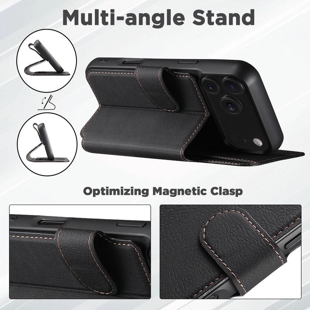 iPhone17ProMax Magnetic Leather Flip Case with Card Slot and Wireless Charging Stand