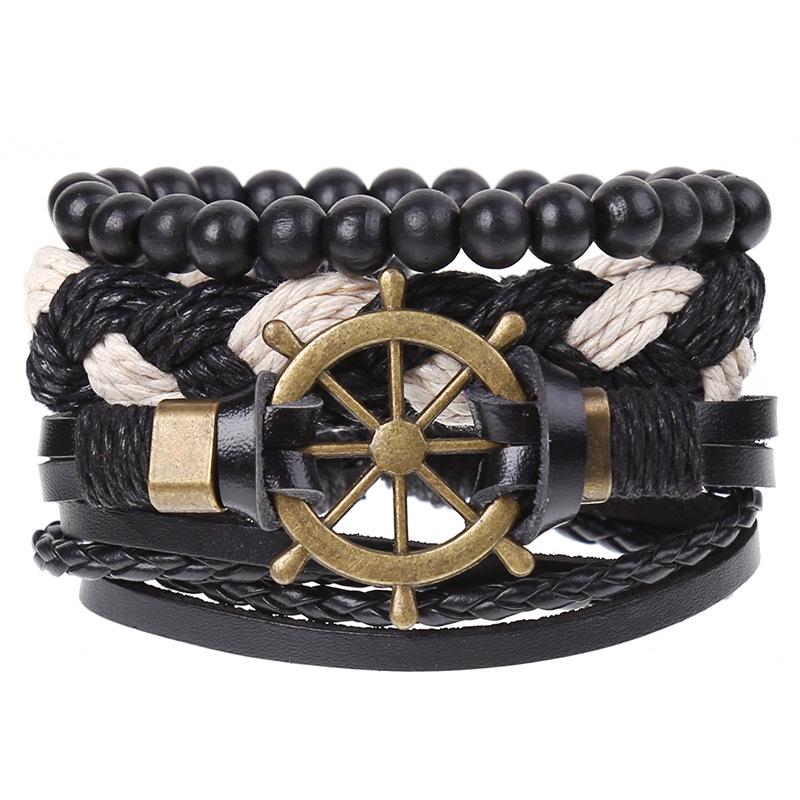 Retro Woven Cowhide Leather Men's Bracelet Set - European & American Handmade DIY Knot