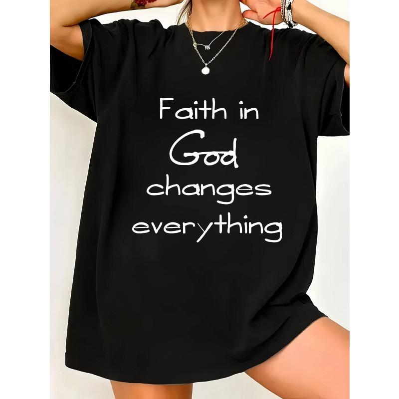 

Women s Plus Size Oversized Round-Neck T-Shirt with Handwritten Faith Slogans - Loose Fit Short Sleeve Casual Blouse Suitable S чёрный