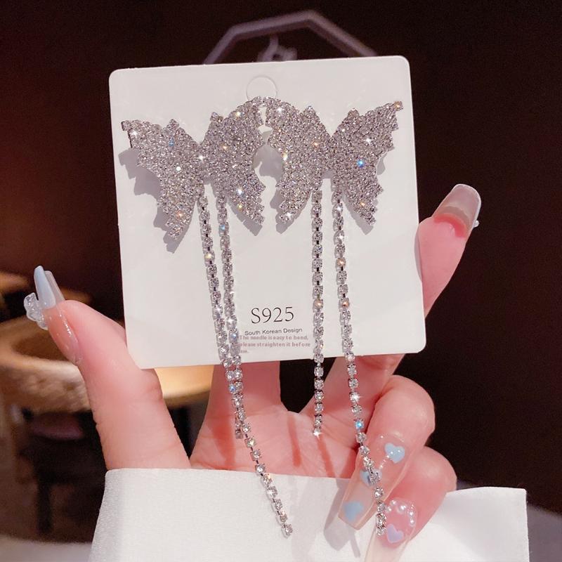 1 Pair Dangle Earrings Bowknot Shape Shining Lady Earrings Heart Imitation Pearls Tassel Jewelry Accessory